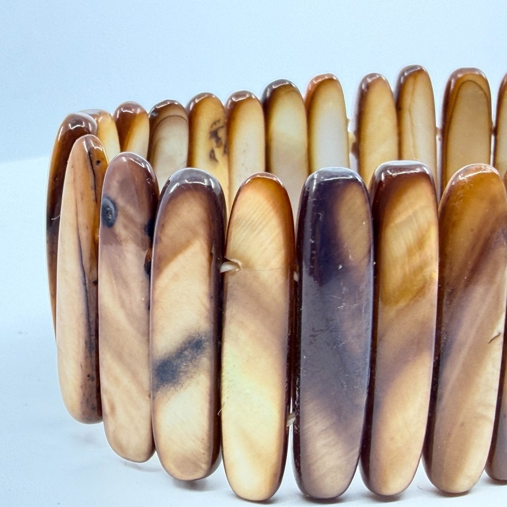 Vintage Boho Brown Mother of Pearl Shell Stretch Tile Cuff Bracelet Classic 90s